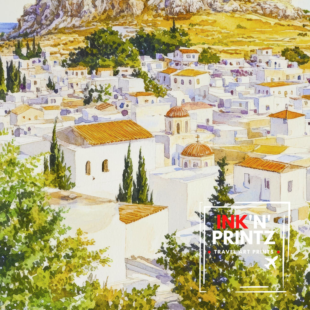 Lindos Rhodes Travel Poster Print Greece Wall Art Greek Island Decor Scenic Coastal Landscape Gift