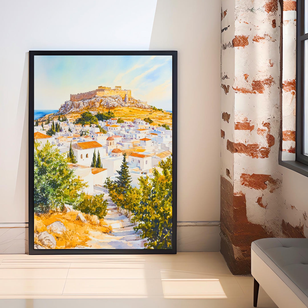 Lindos Rhodes Travel Poster Print Greece Wall Art Greek Island Decor Scenic Coastal Landscape Gift