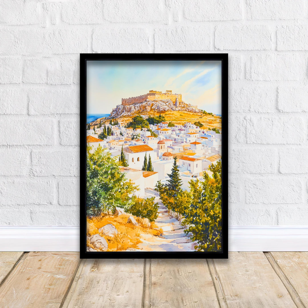 Lindos Rhodes Travel Poster Print Greece Wall Art Greek Island Decor Scenic Coastal Landscape Gift
