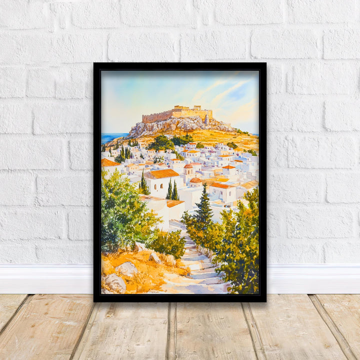Lindos Rhodes Travel Poster Print Greece Wall Art Greek Island Decor Scenic Coastal Landscape Gift