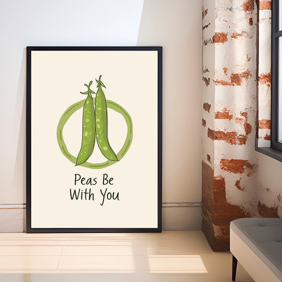 Peas Be With You Poster Funny Vegetable Kitchen Art Whimsical Food Print for Cozy Dining Decor or Cottagecore Homes