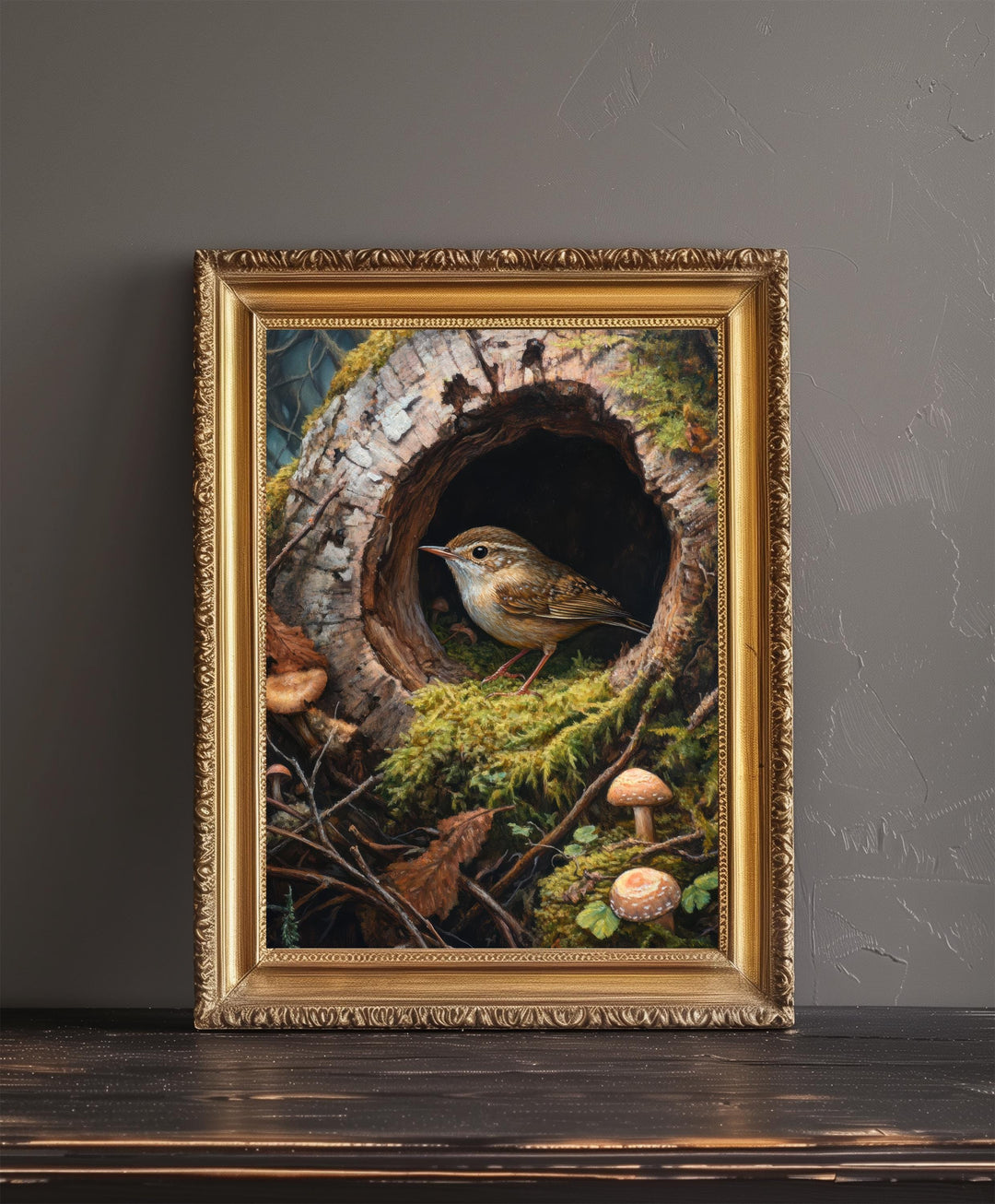 Wren In A Hollow Mossy Log Art Print Cottagecore Woodland Bird Decor Rustic Nature Wall Art