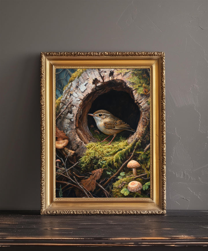 Wren In A Hollow Mossy Log Art Print Cottagecore Woodland Bird Decor Rustic Nature Wall Art