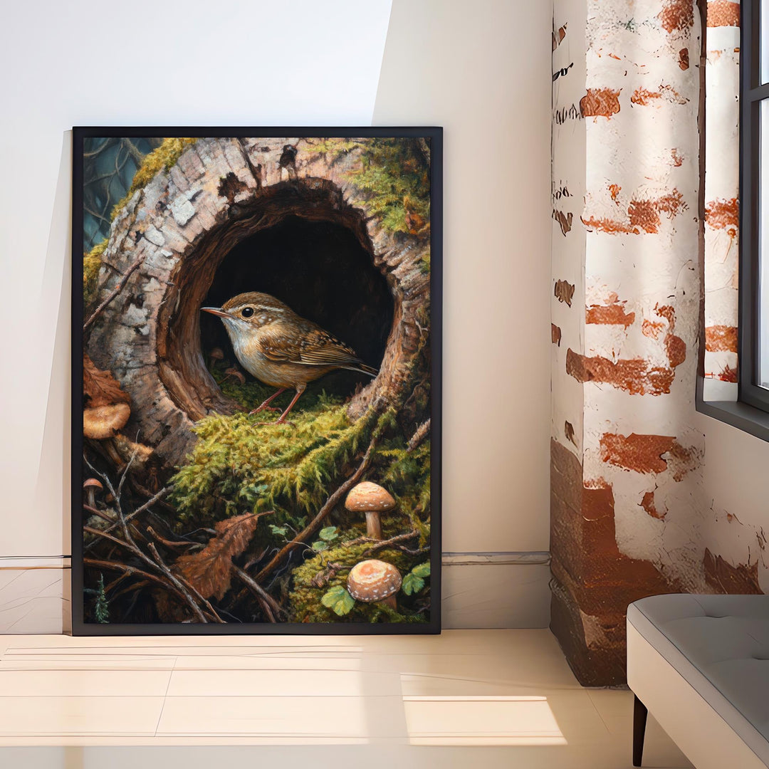 Wren In A Hollow Mossy Log Art Print Cottagecore Woodland Bird Decor Rustic Nature Wall Art