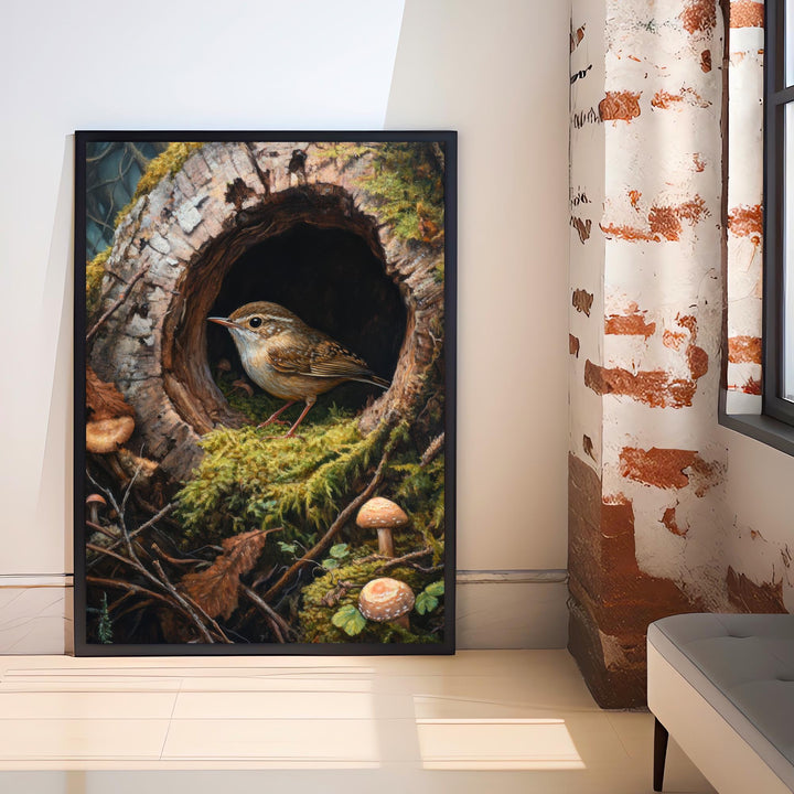 Wren In A Hollow Mossy Log Art Print Cottagecore Woodland Bird Decor Rustic Nature Wall Art