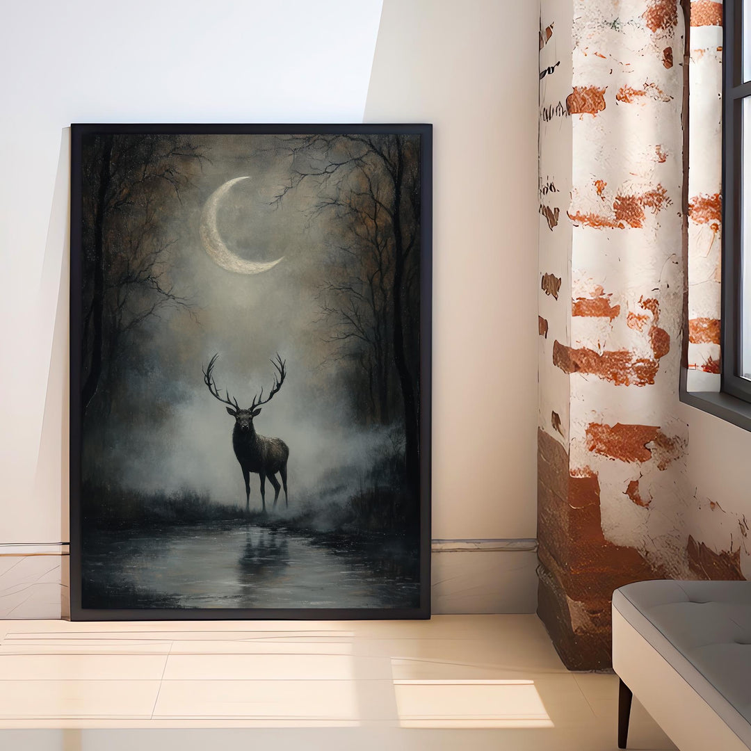 Stag Beneath Crescent Moon Poster Cottagecore Decor Dark Academia Art Enchanted Wildlife Illustration Vintage Nature Wall Art