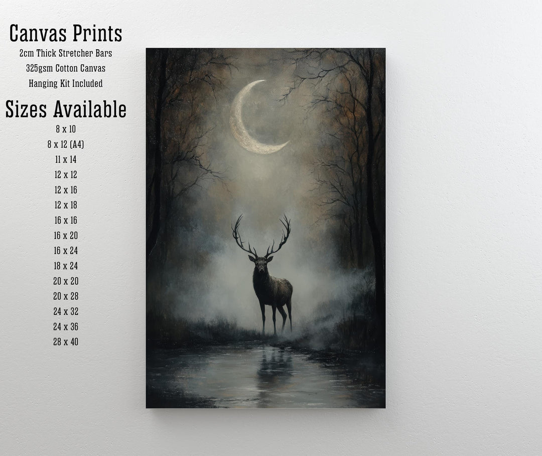 Stag Beneath Crescent Moon Poster Cottagecore Decor Dark Academia Art Enchanted Wildlife Illustration Vintage Nature Wall Art