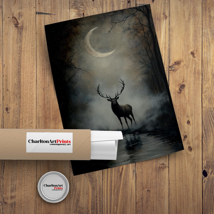 Stag Beneath Crescent Moon Poster Cottagecore Decor Dark Academia Art Enchanted Wildlife Illustration Vintage Nature Wall Art