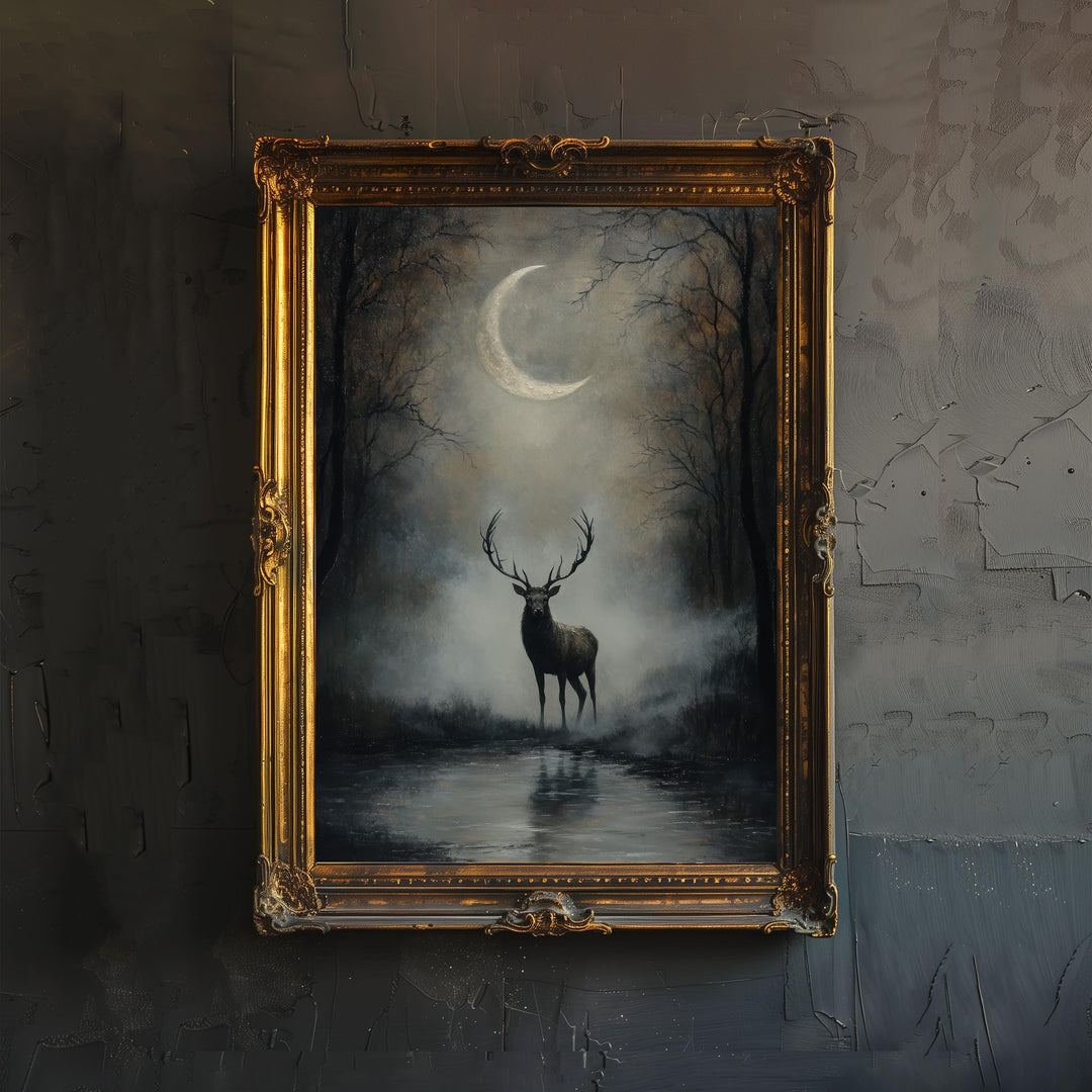 Stag Beneath Crescent Moon Poster Cottagecore Decor Dark Academia Art Enchanted Wildlife Illustration Vintage Nature Wall Art