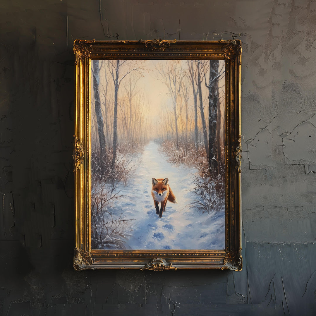 Fox in Frosty Wood Poster Cottagecore Decor Dark Academia Art Enchanted Wildlife Illustration Vintage Nature Wall Art