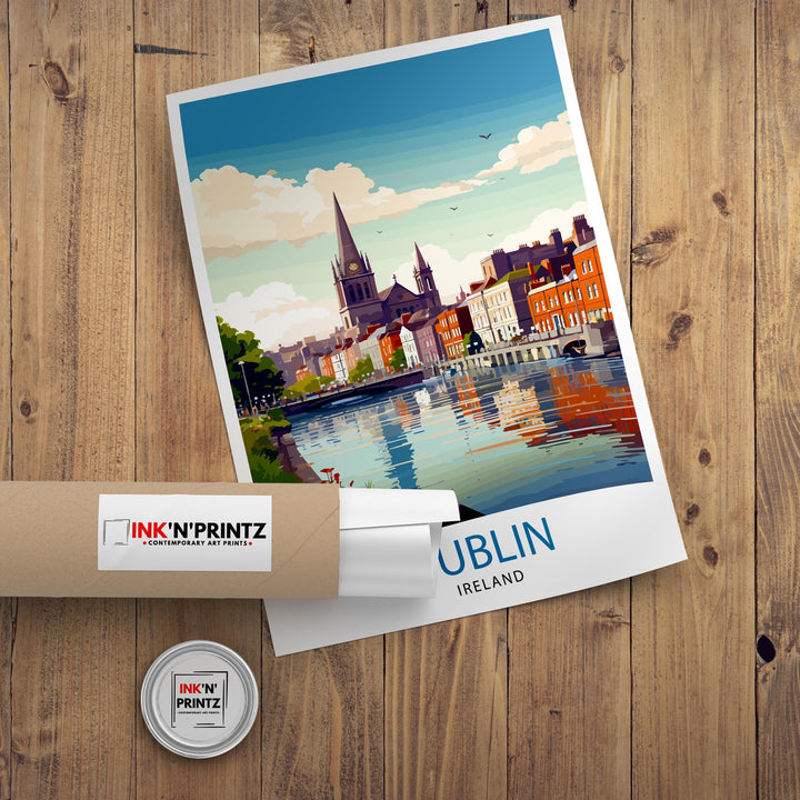 Dublin Ireland Cityscape Print Lively Temple Bar Scene Dublin Wall Art Historic Georgian Doors Illustration Irish Pub Poster Cultural Decor