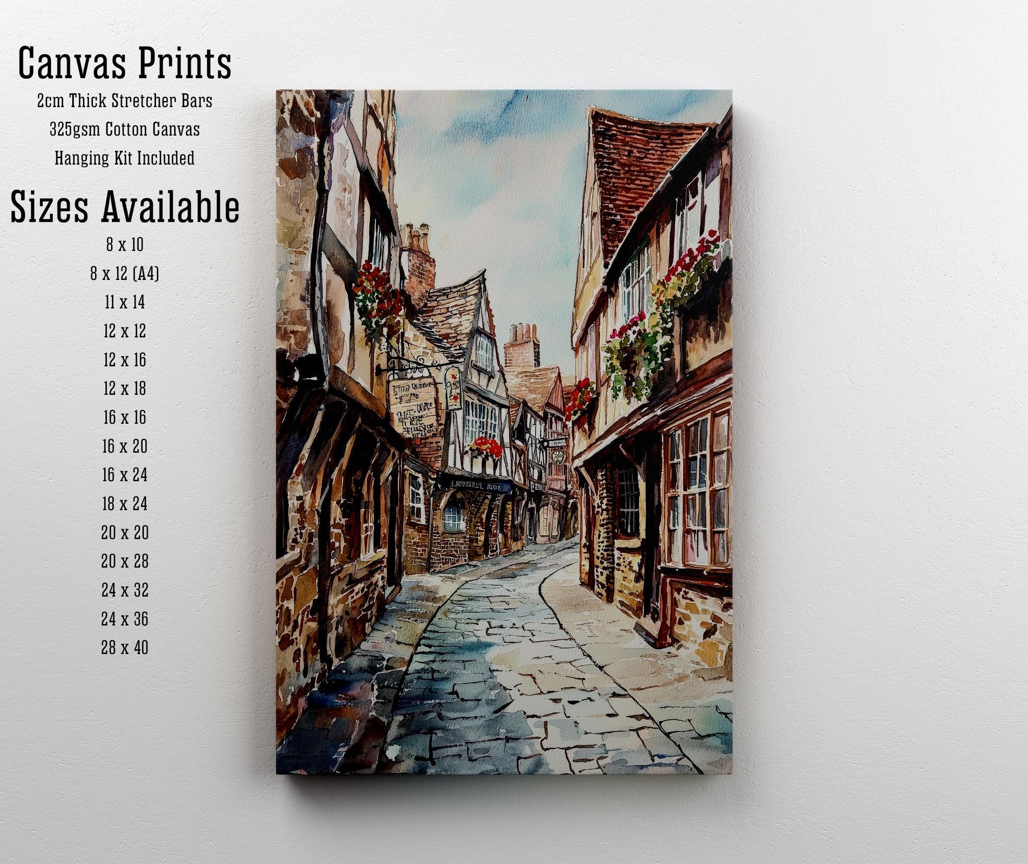 Shambles York Watercolor Painting Historic Street Art Medieval England Decor Gift for History Lovers