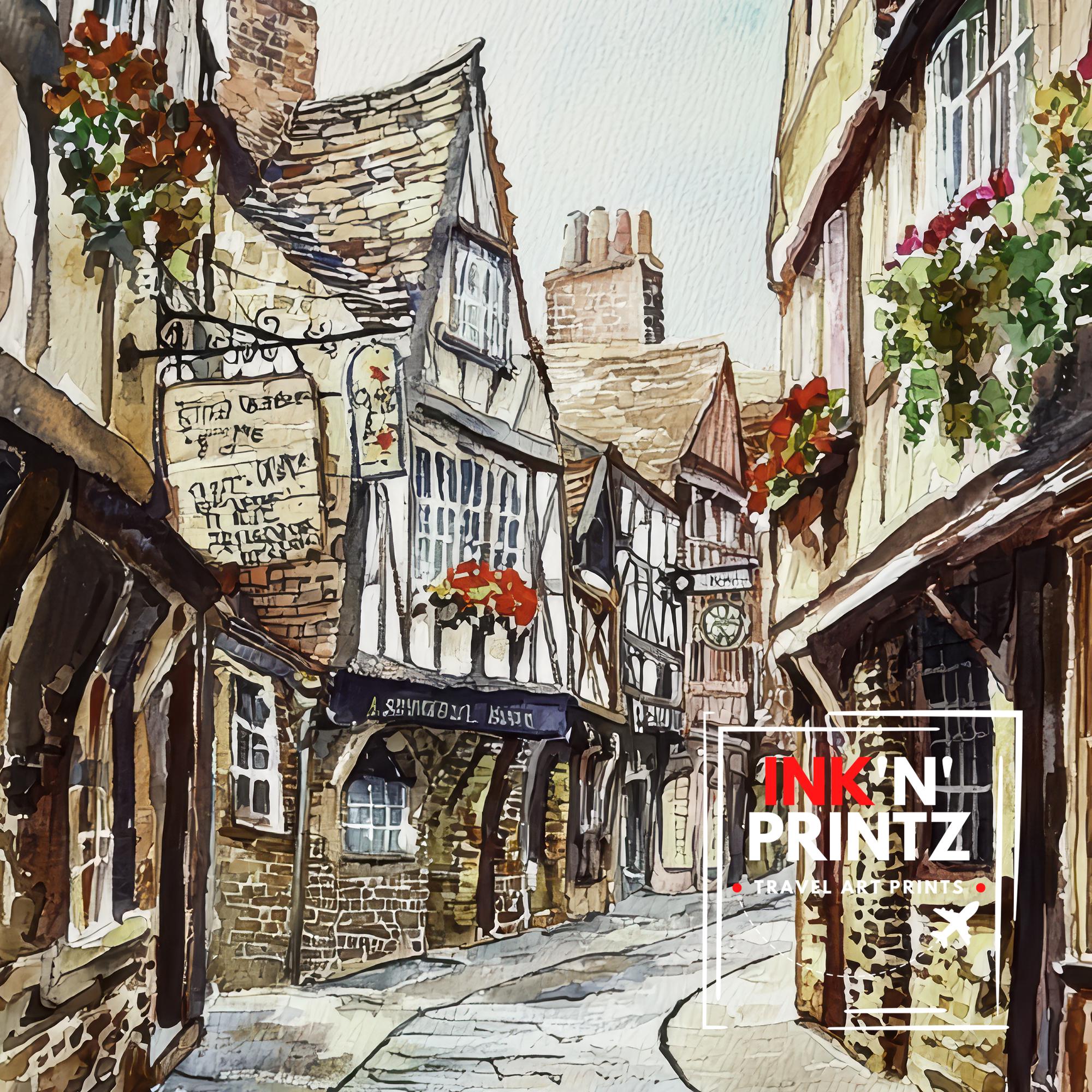 Shambles York Watercolor Painting Historic Street Art Medieval England Decor Gift for History Lovers