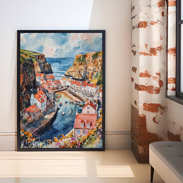 Staithes Watercolor Painting Yorkshire Coast Art Fishing Village Decor Gift for Sea Lovers