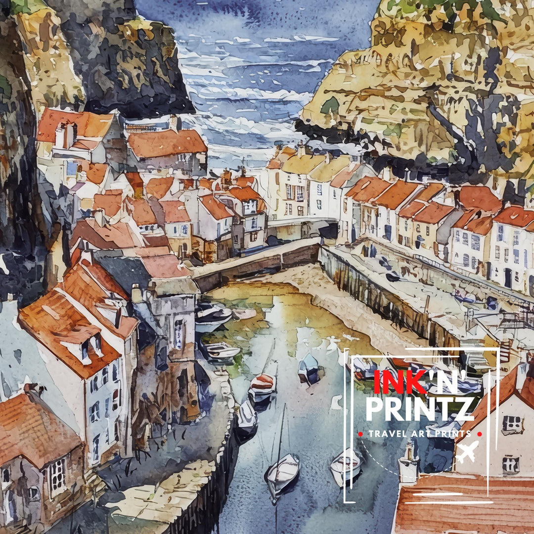 Staithes Watercolor Painting Yorkshire Coast Art Fishing Village Decor Gift for Sea Lovers