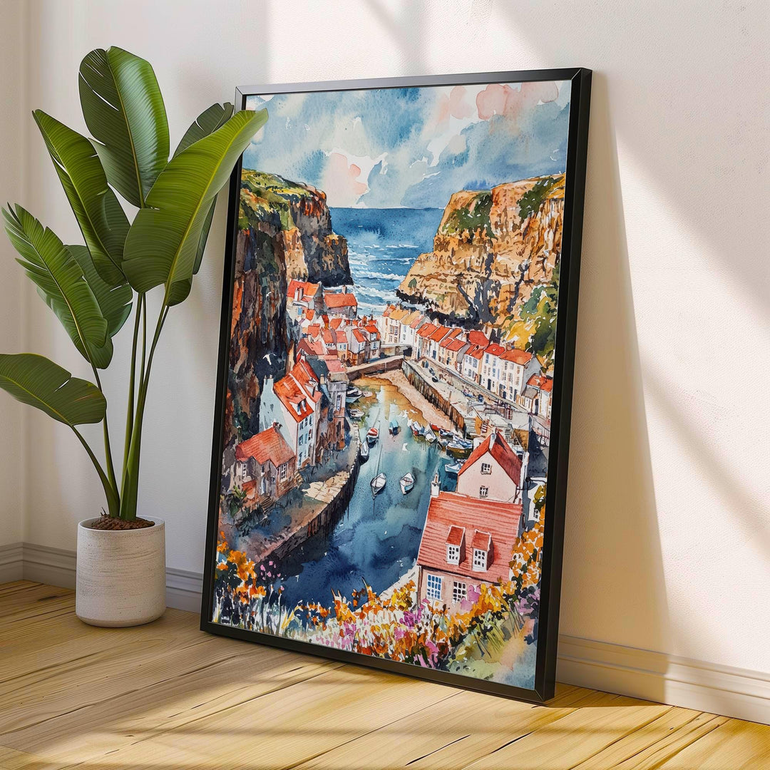 Staithes Watercolor Painting Yorkshire Coast Art Fishing Village Decor Gift for Sea Lovers