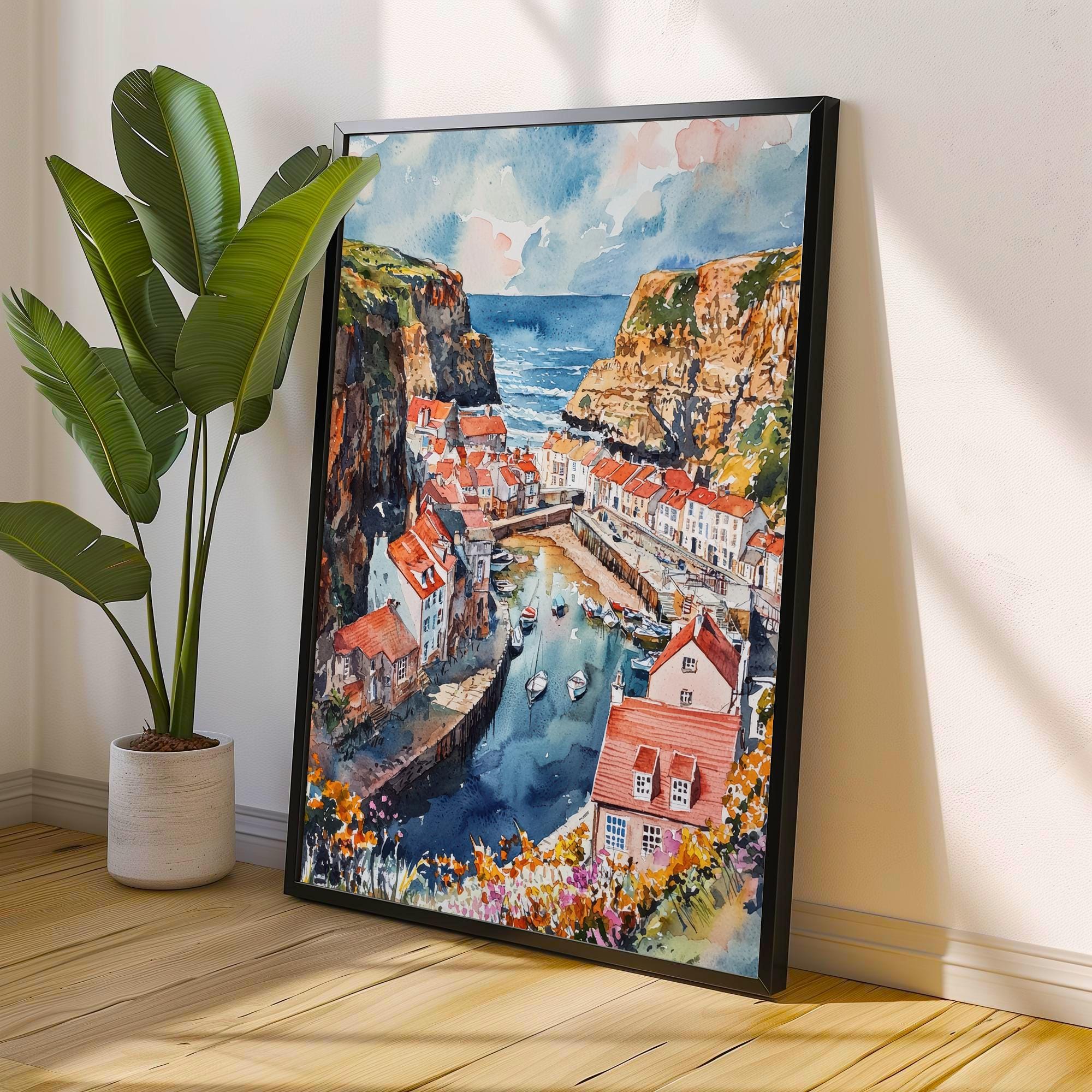 Staithes Watercolor Painting Yorkshire Coast Art Fishing Village Decor Gift for Sea Lovers
