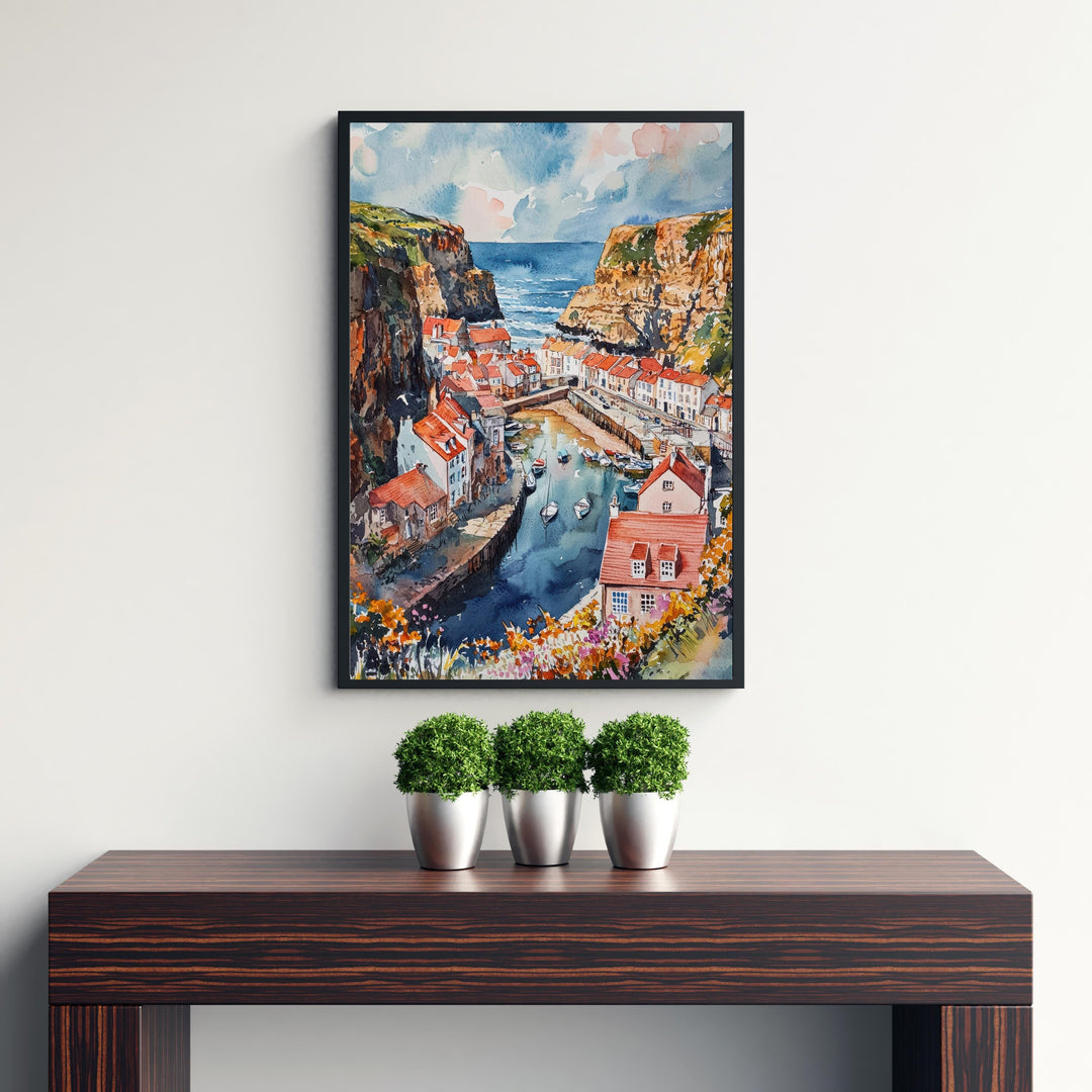 Staithes Watercolor Painting Yorkshire Coast Art Fishing Village Decor Gift for Sea Lovers