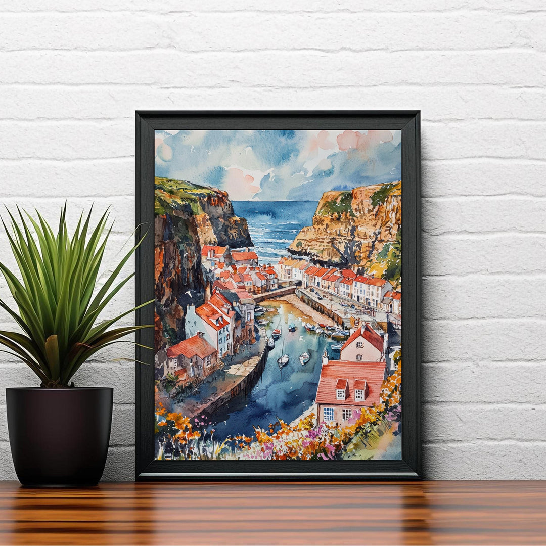 Staithes Watercolor Painting Yorkshire Coast Art Fishing Village Decor Gift for Sea Lovers