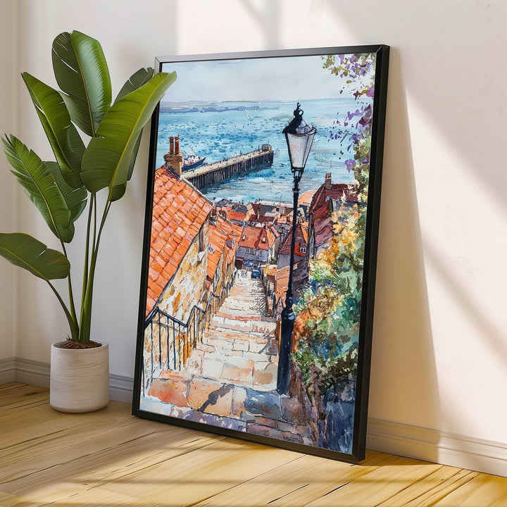 Whitby Harbour Watercolor Painting Yorkshire Coast Art Fishing Village Decor Gift for Dracula Fans