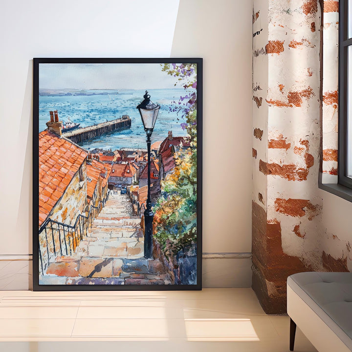 Whitby Harbour Watercolor Painting Yorkshire Coast Art Fishing Village Decor Gift for Dracula Fans