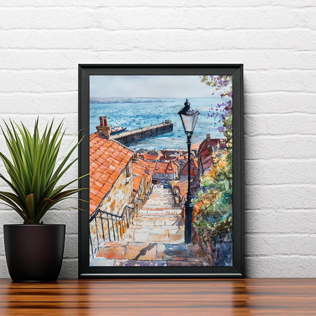 Whitby Harbour Watercolor Painting Yorkshire Coast Art Fishing Village Decor Gift for Dracula Fans