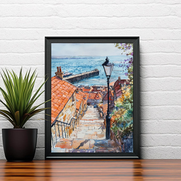 Whitby Harbour Watercolor Painting Yorkshire Coast Art Fishing Village Decor Gift for Dracula Fans