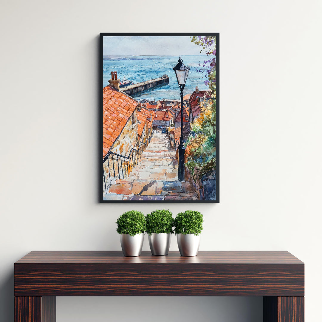 Whitby Harbour Watercolor Painting Yorkshire Coast Art Fishing Village Decor Gift for Dracula Fans