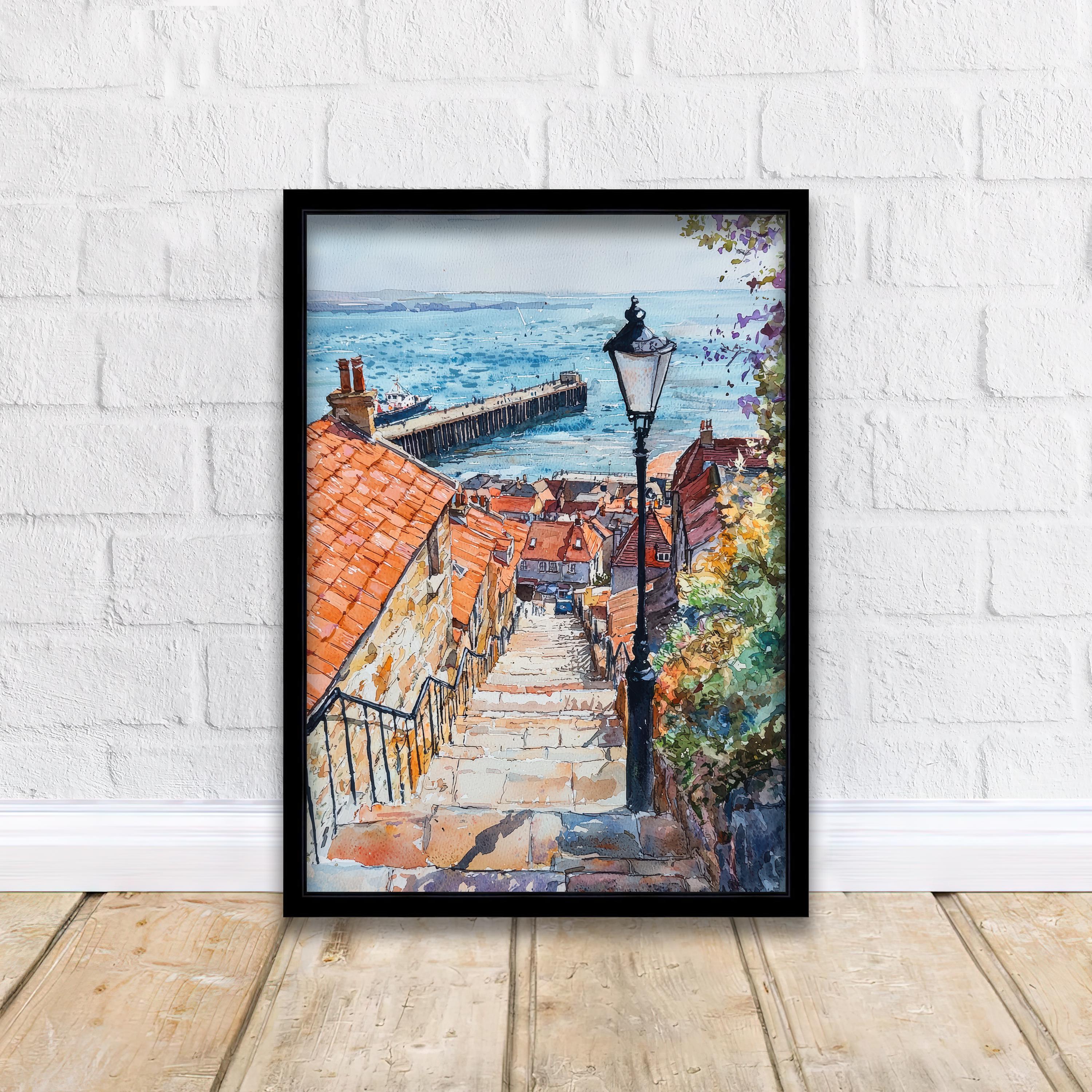 Whitby Harbour Watercolor Painting Yorkshire Coast Art Fishing Village Decor Gift for Dracula Fans