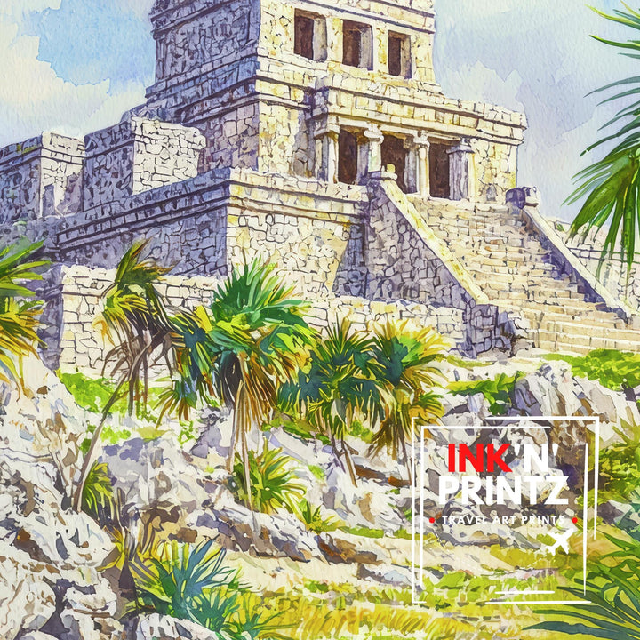 Tulum Mexico Travel Poster Print Mayan Ruins Wall Art Mexican Coastal Decor Scenic Landscape Gift
