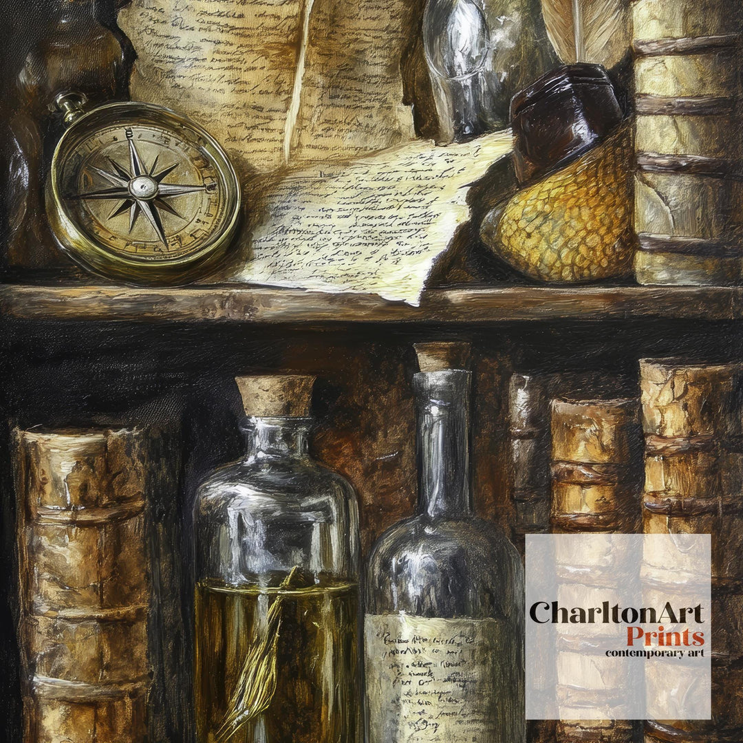 Vintage Bookshelf Still Life Poster Dark Academia Decor Rustic Library Art Old World Illustration Scholar Wall Art