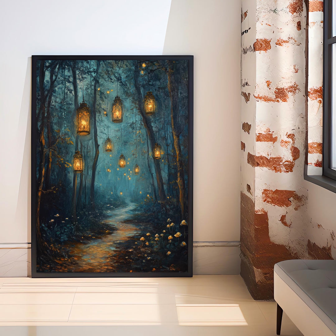 Magical Lantern Path Poster Enchanted Forest Art Cottagecore Decor Whimsical Woodland Illustration