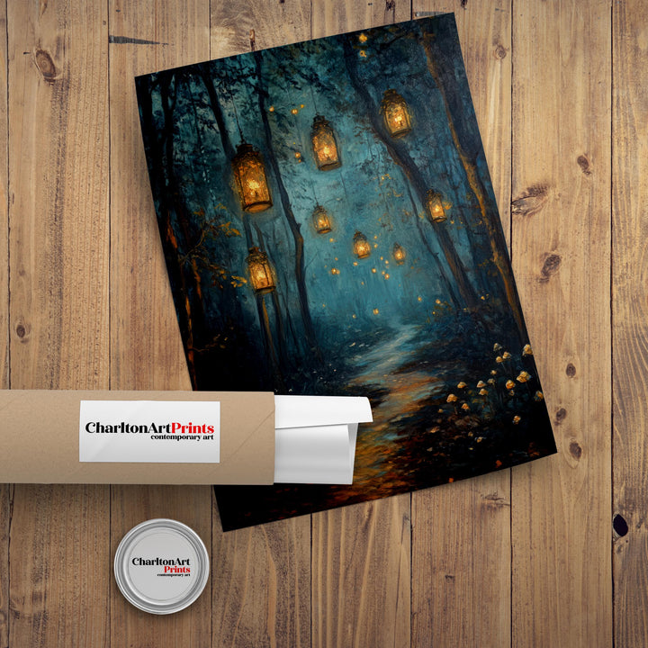 Magical Lantern Path Poster Enchanted Forest Art Cottagecore Decor Whimsical Woodland Illustration