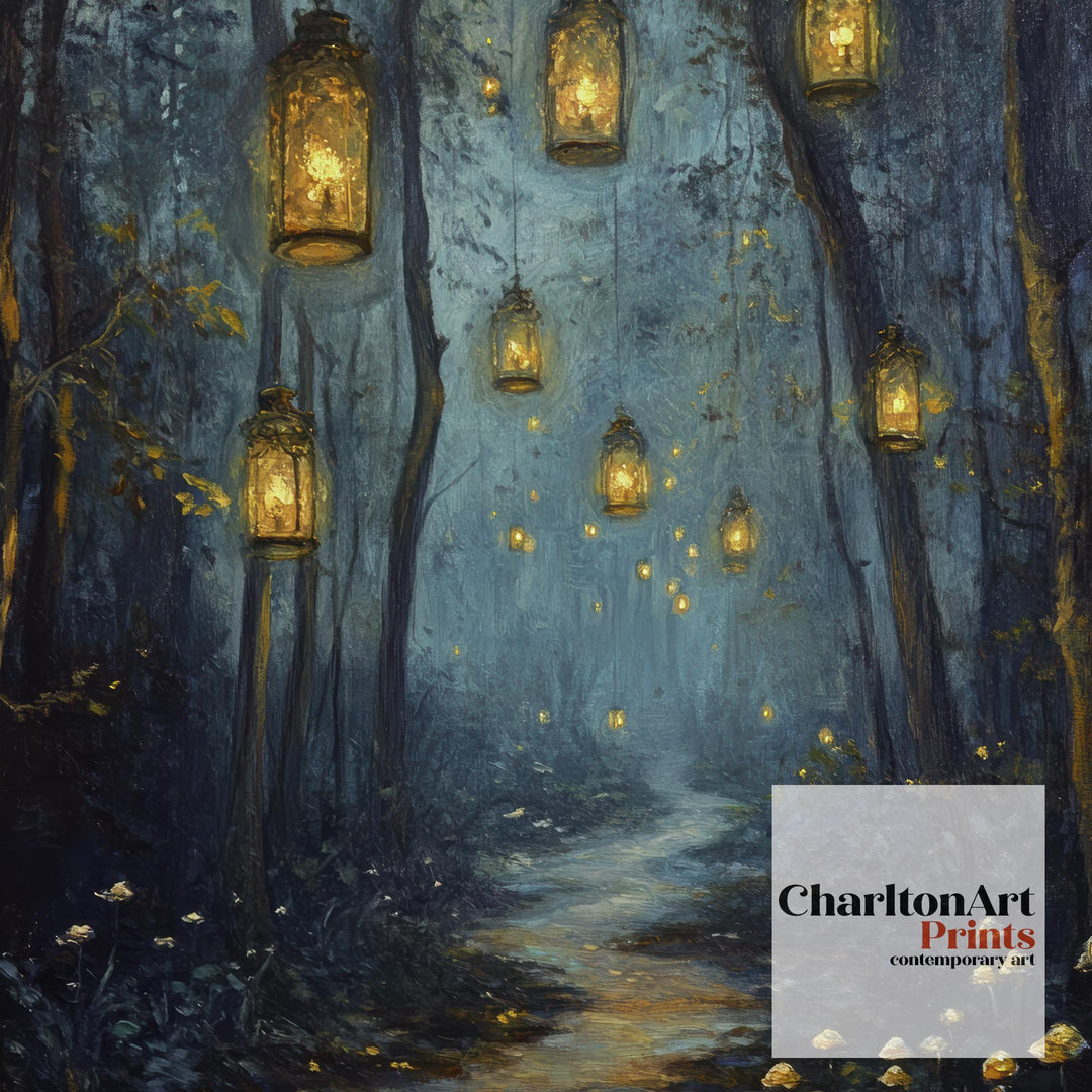Magical Lantern Path Poster Enchanted Forest Art Cottagecore Decor Whimsical Woodland Illustration