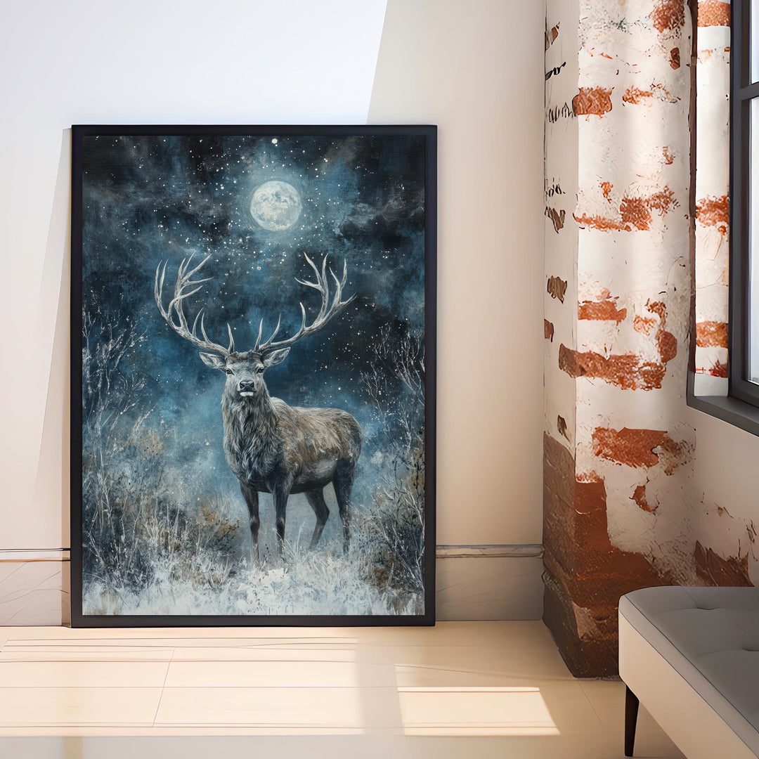 Stag in Moonlight Poster Dark Academia Decor Enchanted Wildlife Art Mystical Woodland Illustration