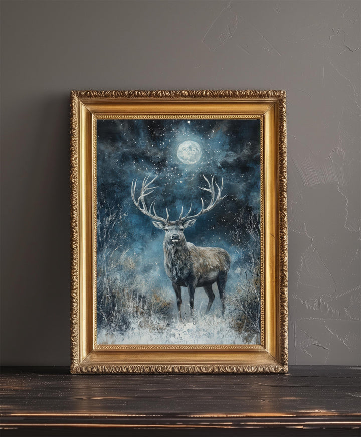 Stag in Moonlight Poster Dark Academia Decor Enchanted Wildlife Art Mystical Woodland Illustration