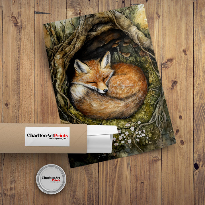 Sleeping Fox in Tree Roots Poster Cottagecore Decor Rustic Wildlife Illustration Enchanted Woodland Wall Art