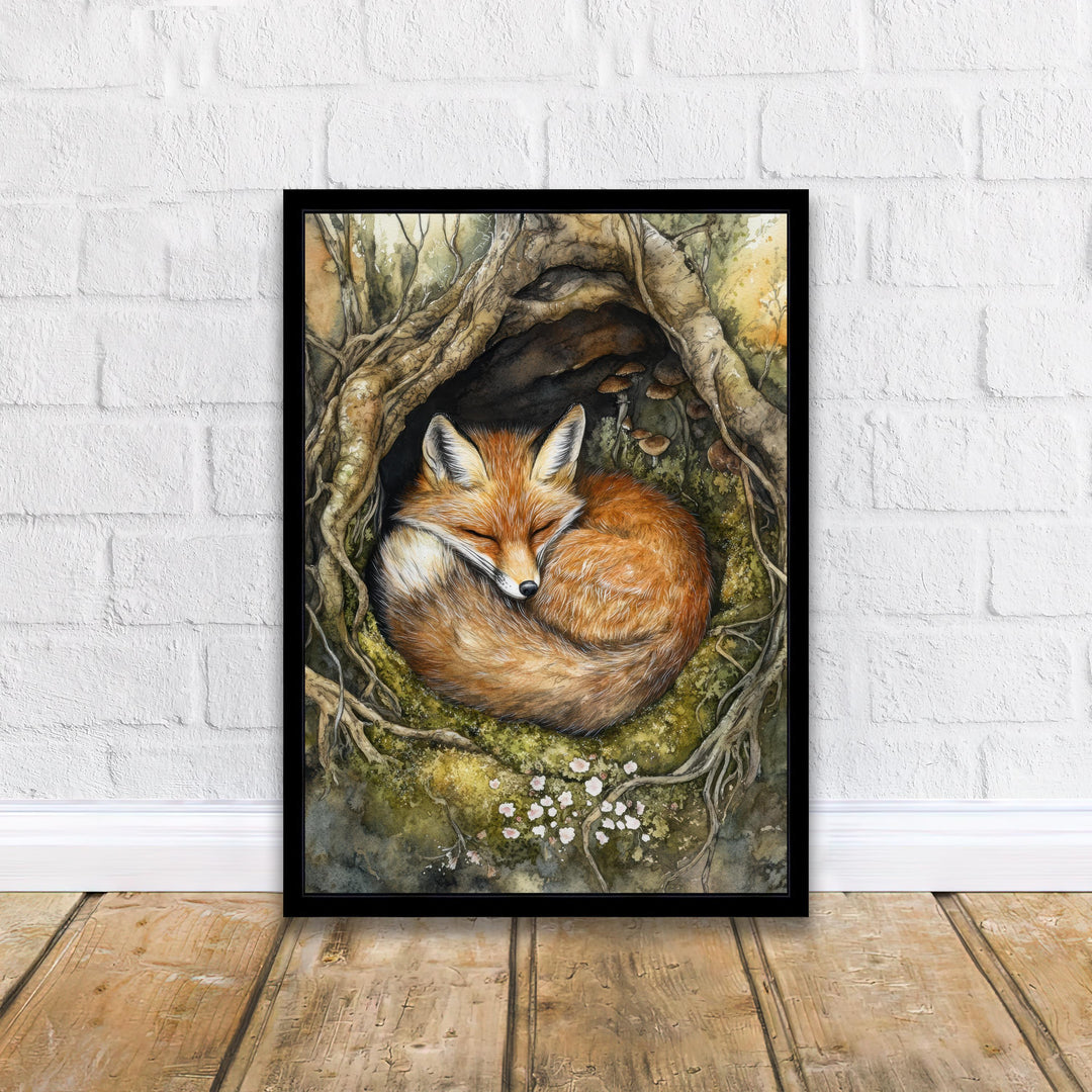Sleeping Fox in Tree Roots Poster Cottagecore Decor Rustic Wildlife Illustration Enchanted Woodland Wall Art