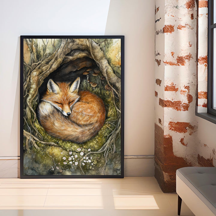 Sleeping Fox in Tree Roots Poster Cottagecore Decor Rustic Wildlife Illustration Enchanted Woodland Wall Art