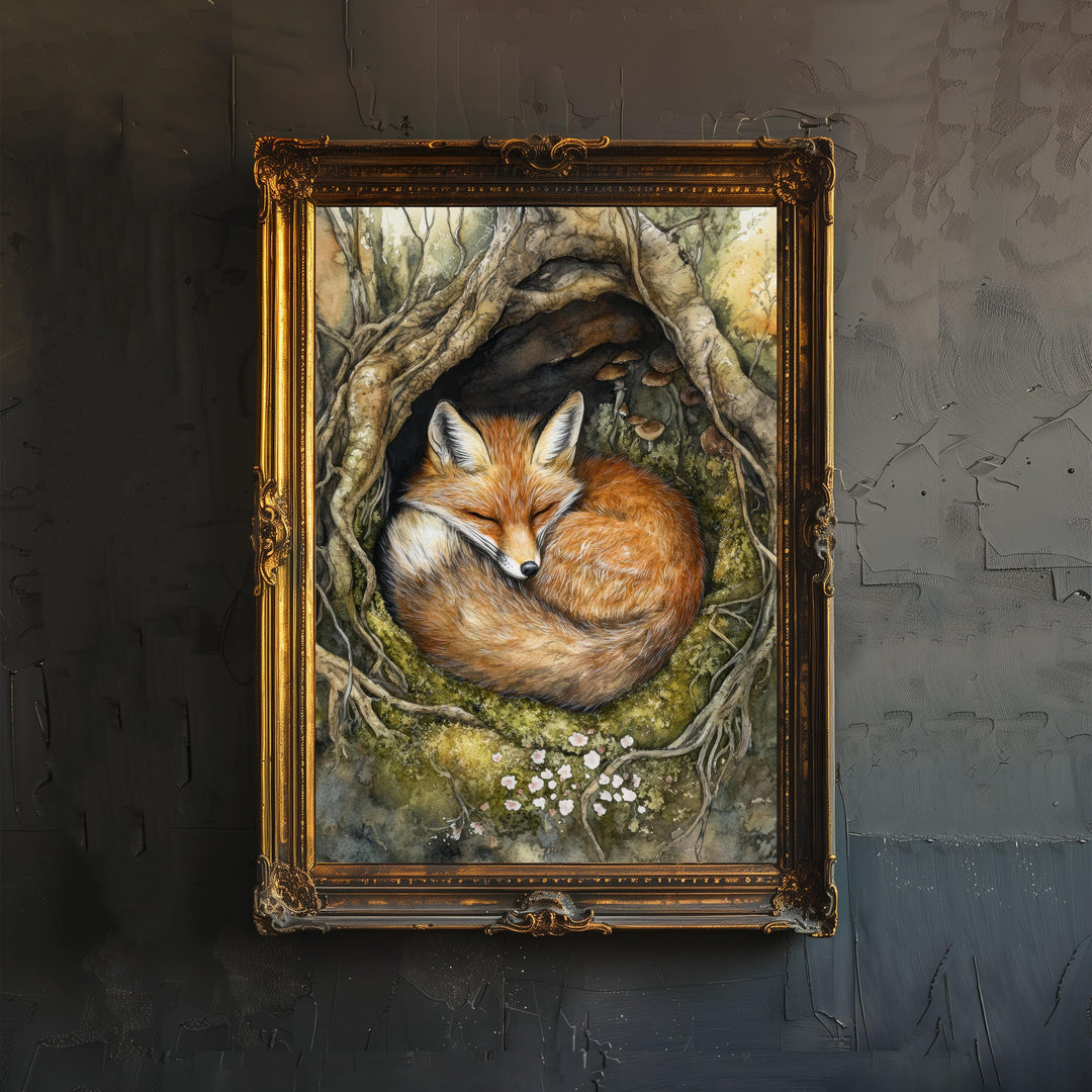 Sleeping Fox in Tree Roots Poster Cottagecore Decor Rustic Wildlife Illustration Enchanted Woodland Wall Art