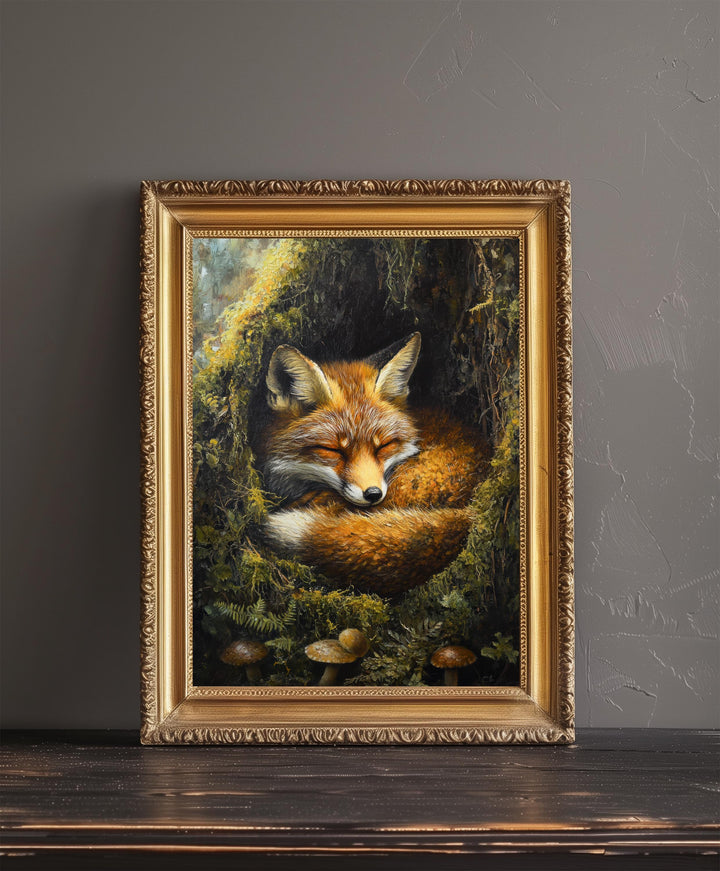 Sleeping Fox in Mossy Hollow Poster Cottagecore Nature Art Vintage Woodland Wildlife Illustration