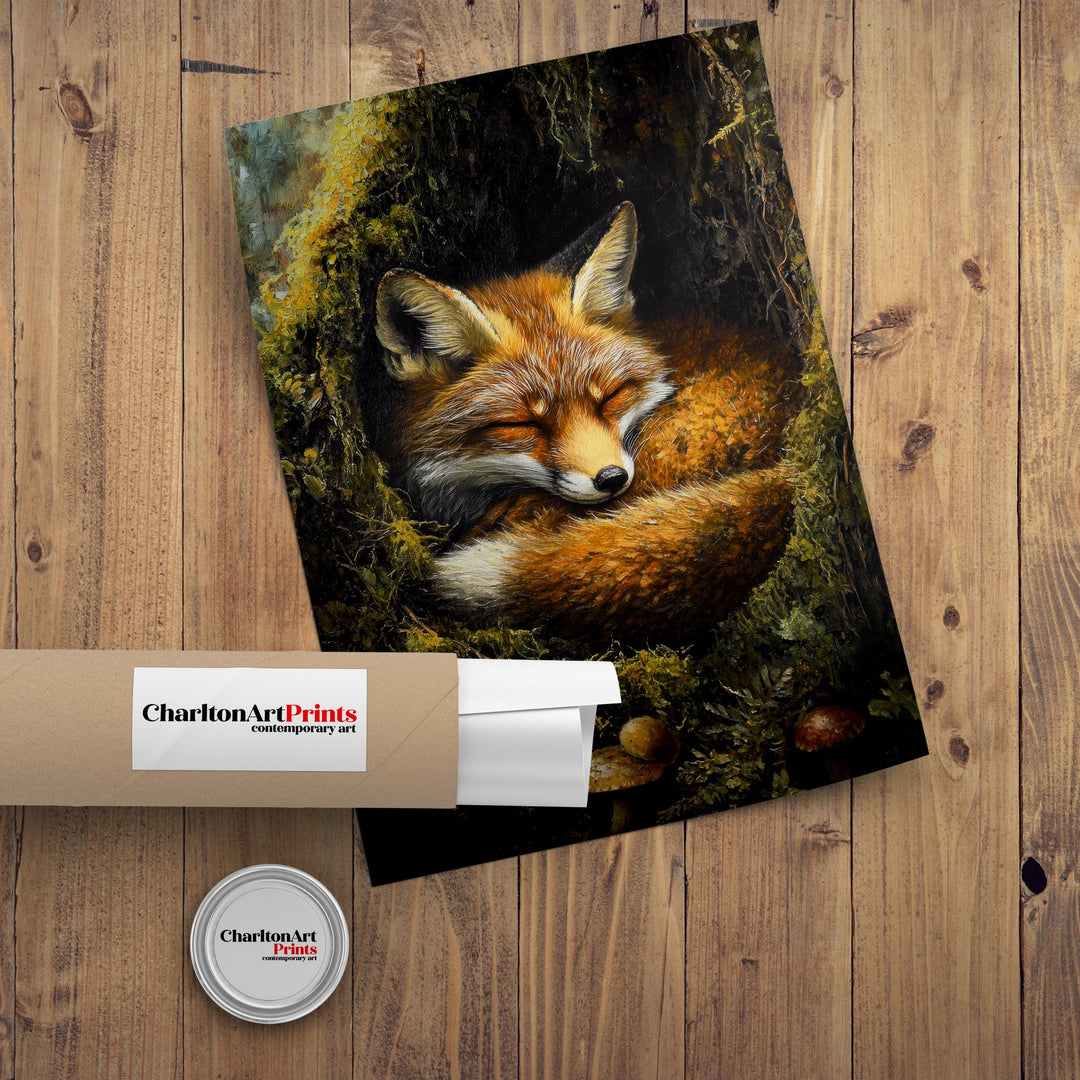 Sleeping Fox in Mossy Hollow Poster Cottagecore Nature Art Vintage Woodland Wildlife Illustration