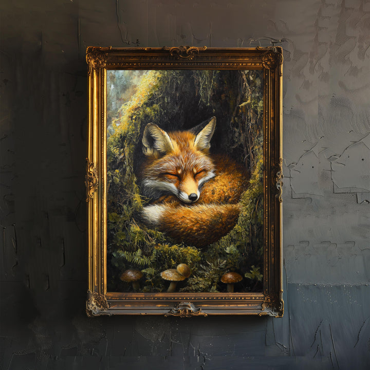 Sleeping Fox in Mossy Hollow Poster Cottagecore Nature Art Vintage Woodland Wildlife Illustration