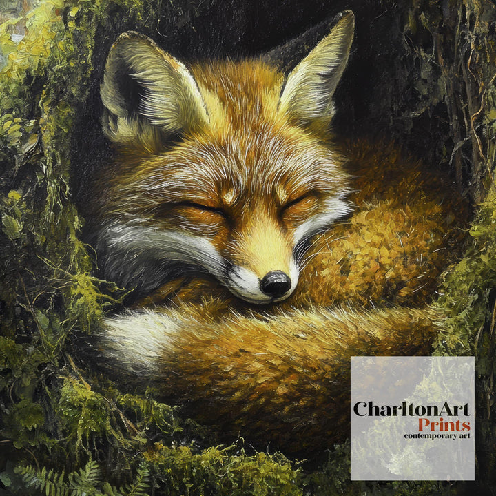 Sleeping Fox in Mossy Hollow Poster Cottagecore Nature Art Vintage Woodland Wildlife Illustration