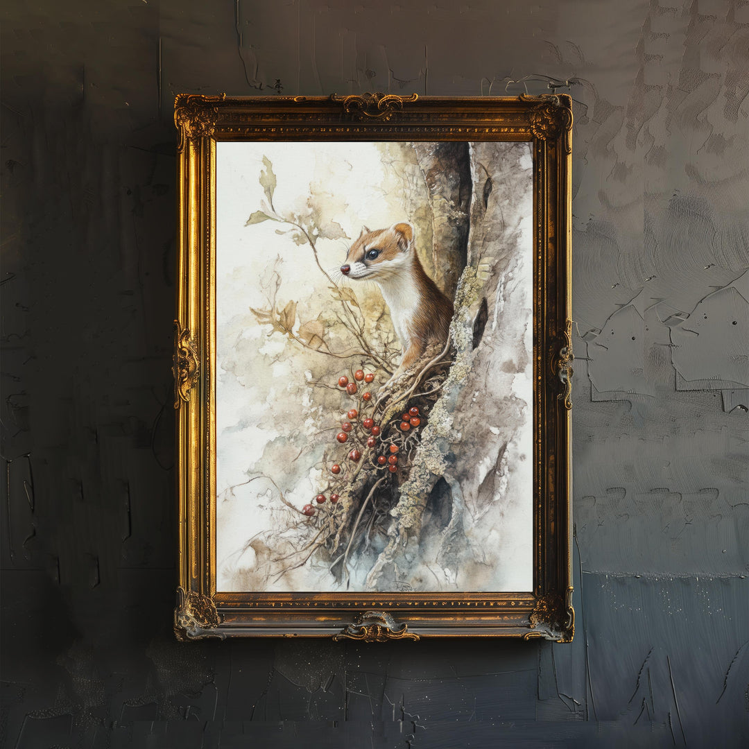 Stoat with Red Berries Poster Cottagecore Nature Art Vintage Rustic Wildlife Illustration Woodland Wall Decor