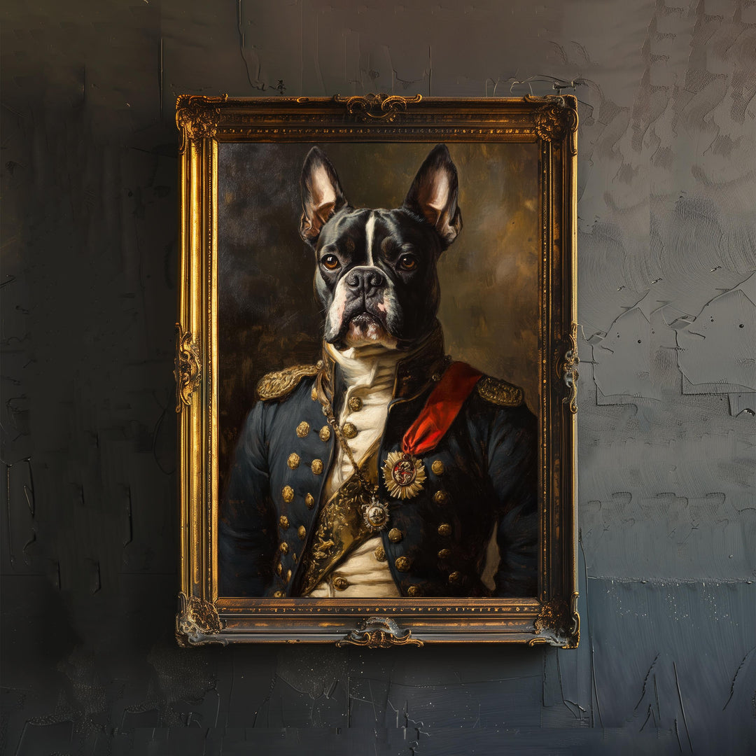 Boston Terrier Portrait Poster Regal Pet Art Vintage Animal Illustration Humorous Wall Decor Dog Lover Gift