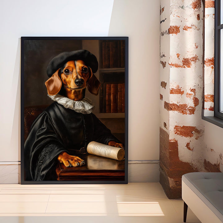 Scholarly Dachshund Poster Dark Academia Decor Vintage Animal Illustration Professor Wall Art Dog Lover Gift
