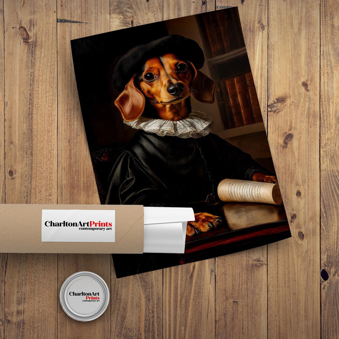 Scholarly Dachshund Poster Dark Academia Decor Vintage Animal Illustration Professor Wall Art Dog Lover Gift
