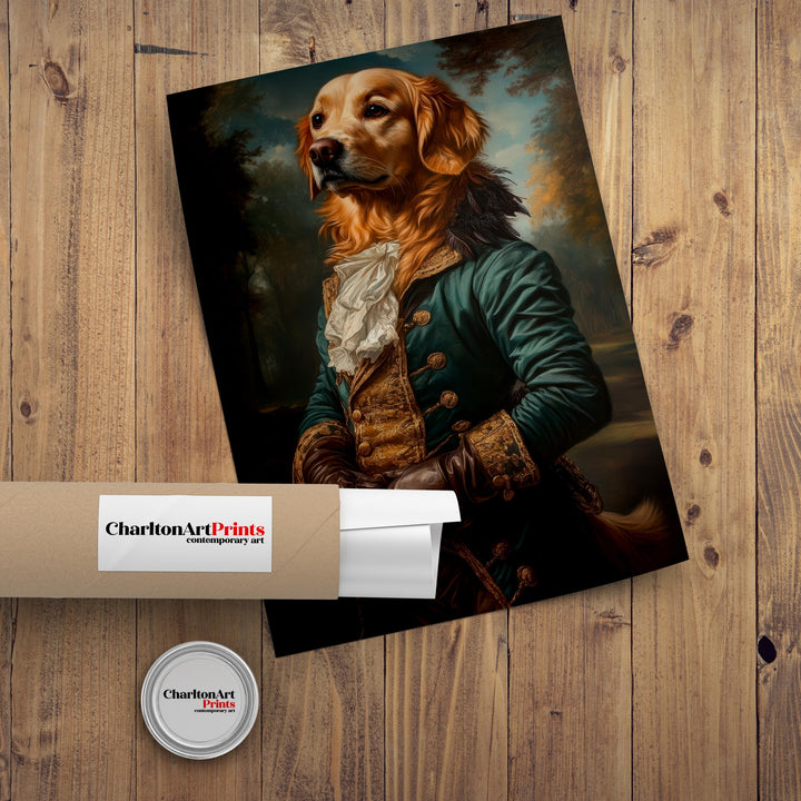 Golden Retriever Portrait Poster Regal Pet Art Vintage Animal Illustration Humorous Wall Decor Dog Lover Gift