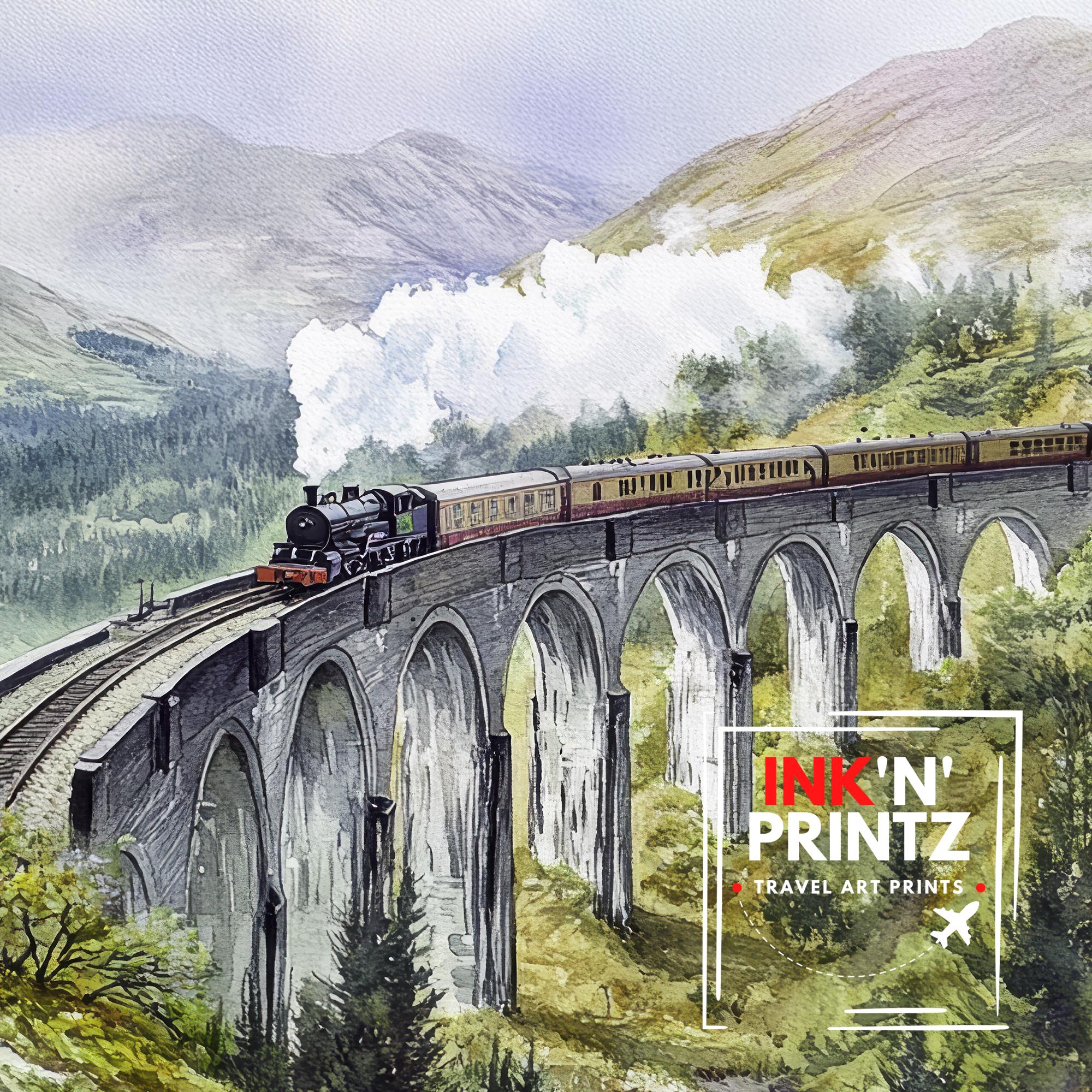 Glenfinnan Viaduct Watercolor Painting Scottish Highlands Art Print Decor Gift for Scotland Lovers